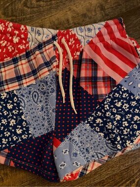 Red, Blue & White Patchwork Print Shorts